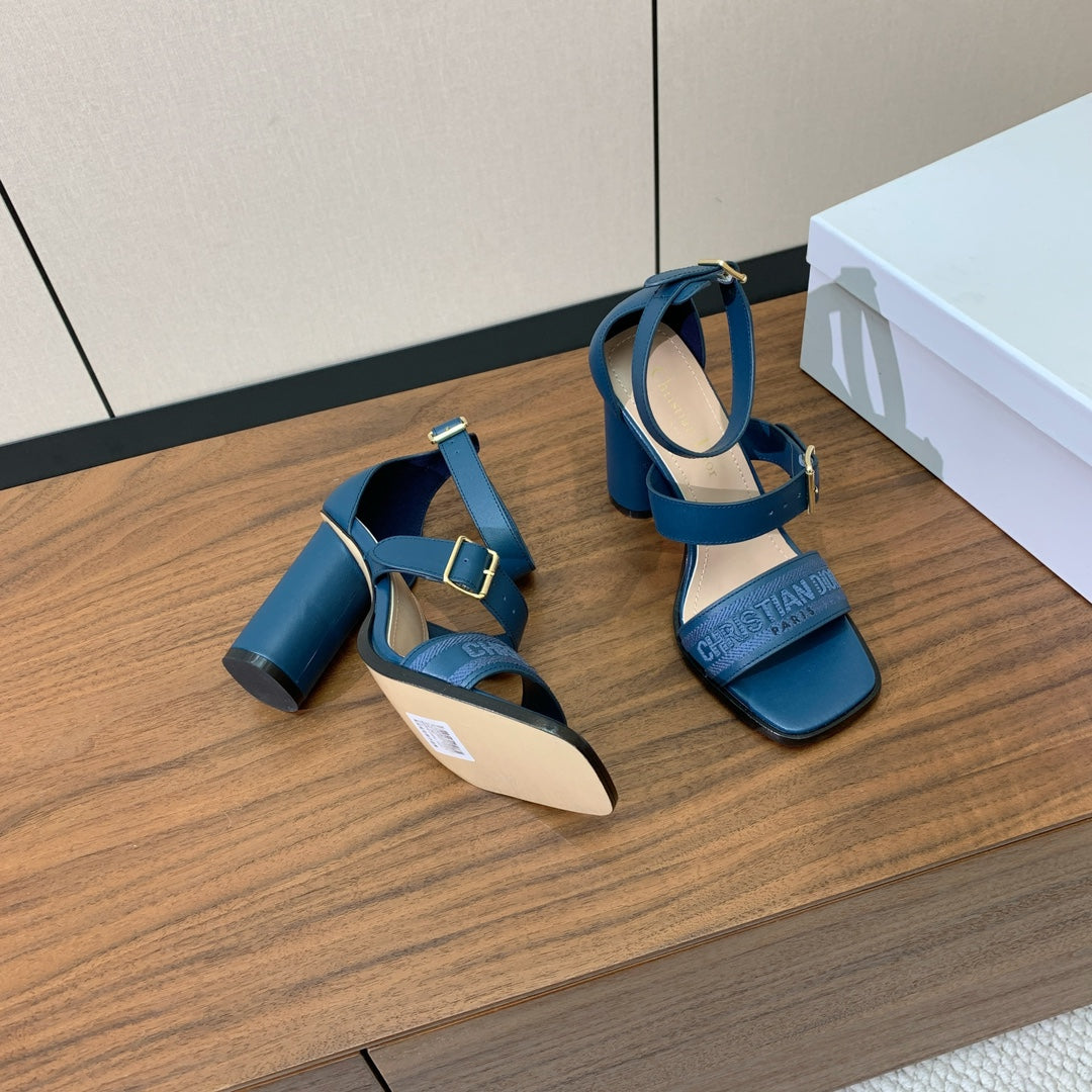 THREE-STRAP HIGH-HEELED EMBROIDERED SANDALS NAVY BLUE