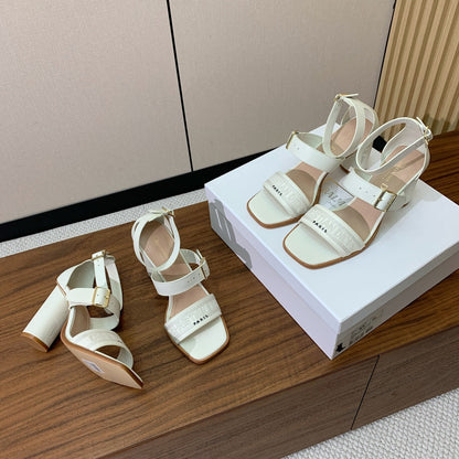 THREE-STRAP HIGH-HEELED EMBROIDERED SANDALS WHITE
