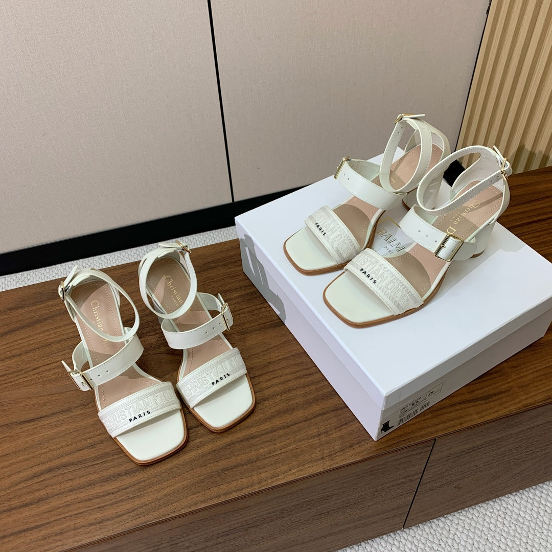 THREE-STRAP HIGH-HEELED EMBROIDERED SANDALS WHITE