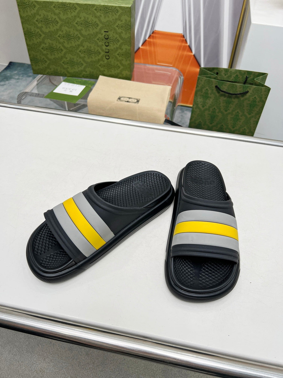 PLATFORM SLIPPERS IN BLACK MIX GRAY AND YELLOW IMPORTED TPU