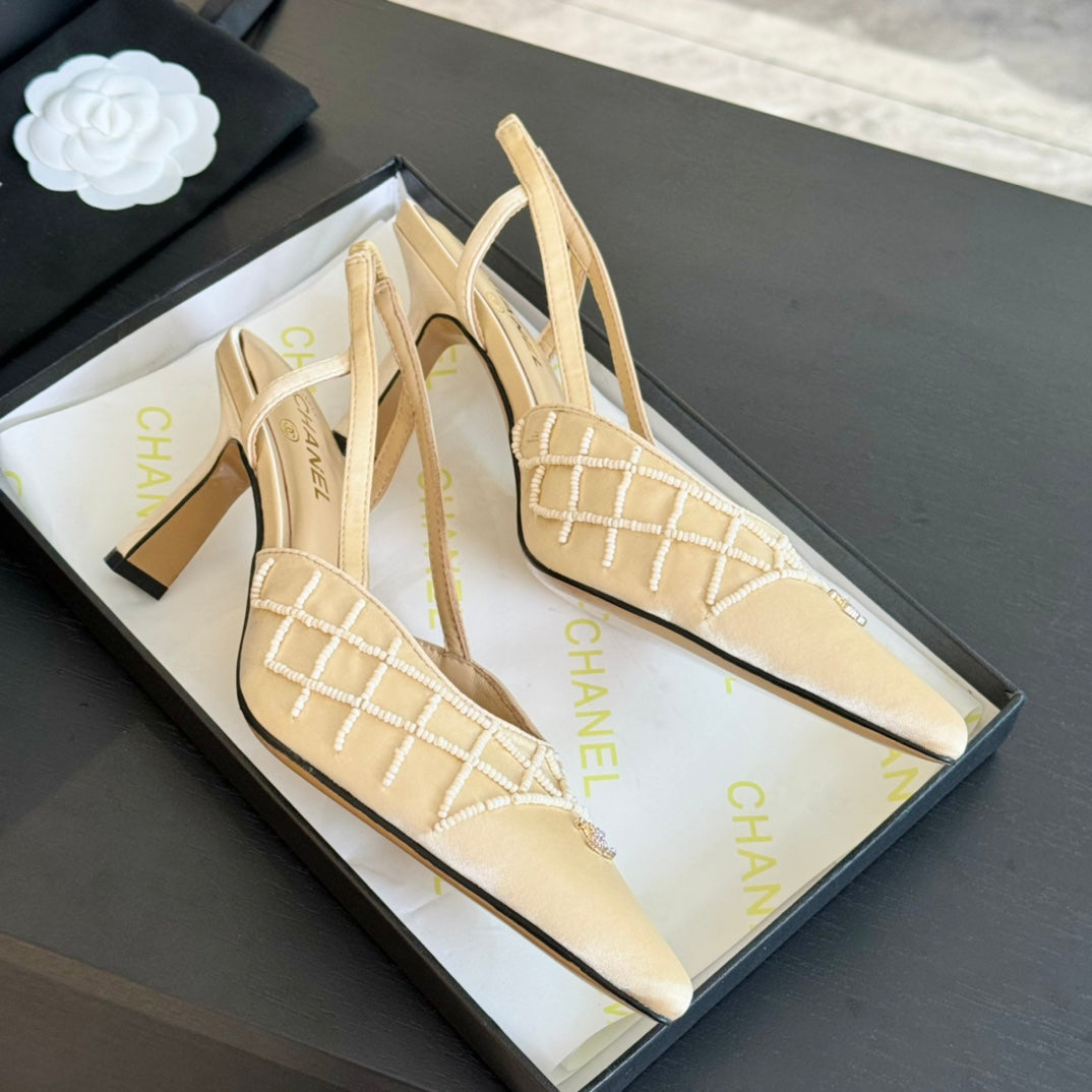POINTED SLINGBACK MID HEELS BEIGE CREAM LAMBSKIN
