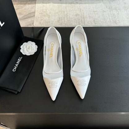 MESH LOGO HEELS IN WHITE LAMBSKIN