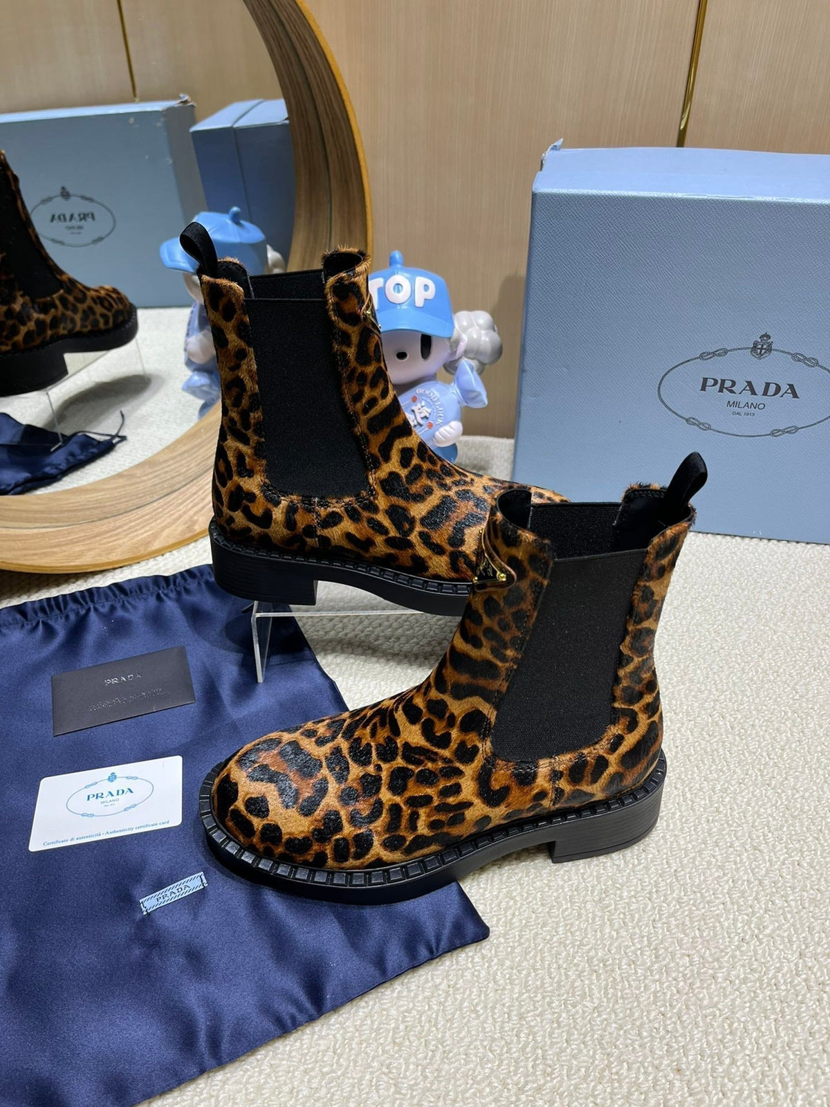 ANKLE BOOTS ATTACHED TRIANGLE LOGO IN LEOPARD PRINT HORSEHAIR