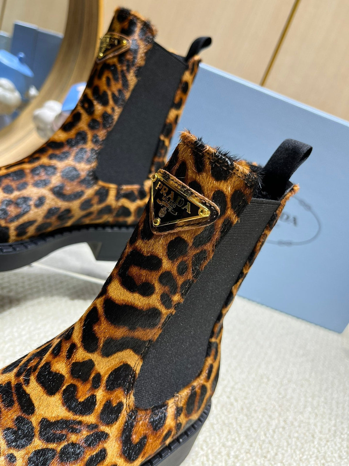 ANKLE BOOTS ATTACHED TRIANGLE LOGO IN LEOPARD PRINT HORSEHAIR