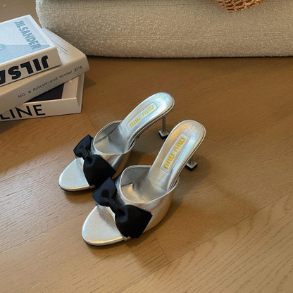 Silver High - Heels With Black Bow Calfskin