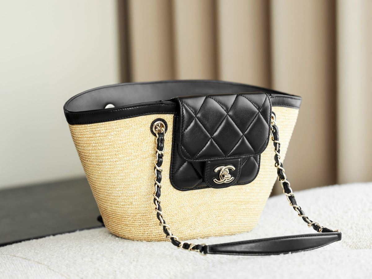 Chanel 2026 Shopping Bag 40cm Beige Black Straw Lambskin 351031