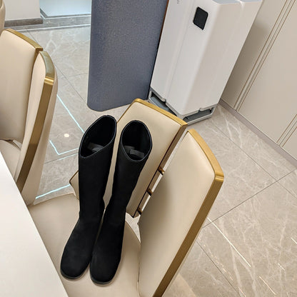 KNEE BOOTS WITH TRIANGLE LOGO IN BLACK SUEDE