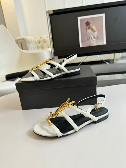 Yves SL Buckle Women Sandals Black White Leather