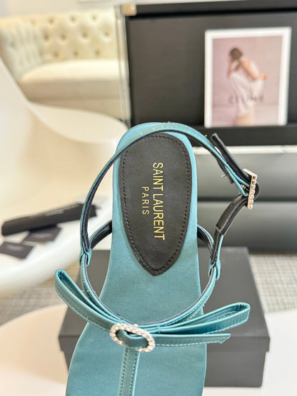 SL Silk Bow T-Strap Flat Sandals Cloud Blue Leather