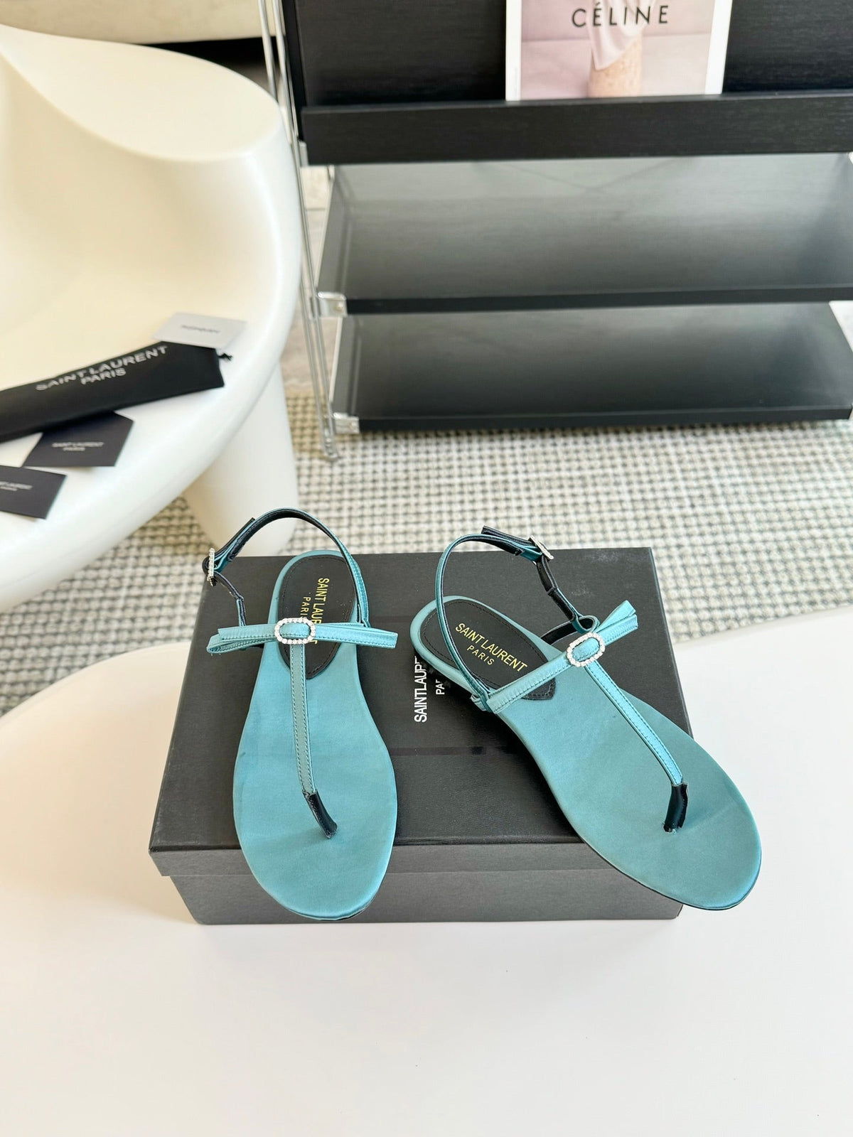 SL Silk Bow T-Strap Flat Sandals Cloud Blue Leather