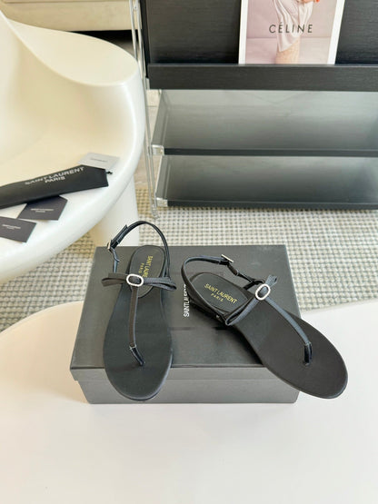 SL Silk Bow T-Strap Flat Sandals Black Leather