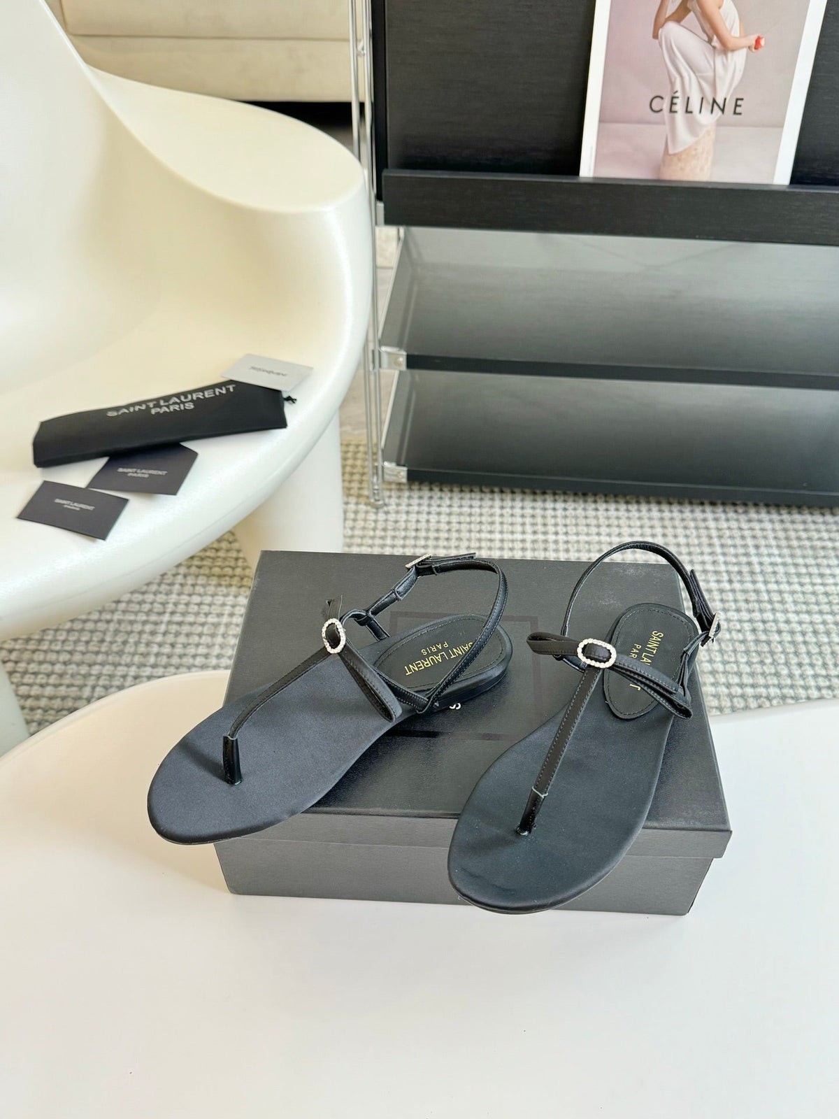 SL Silk Bow T-Strap Flat Sandals Black Leather