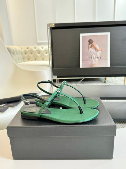 SL Silk Bow T-Strap Flat Sandals Green Leather