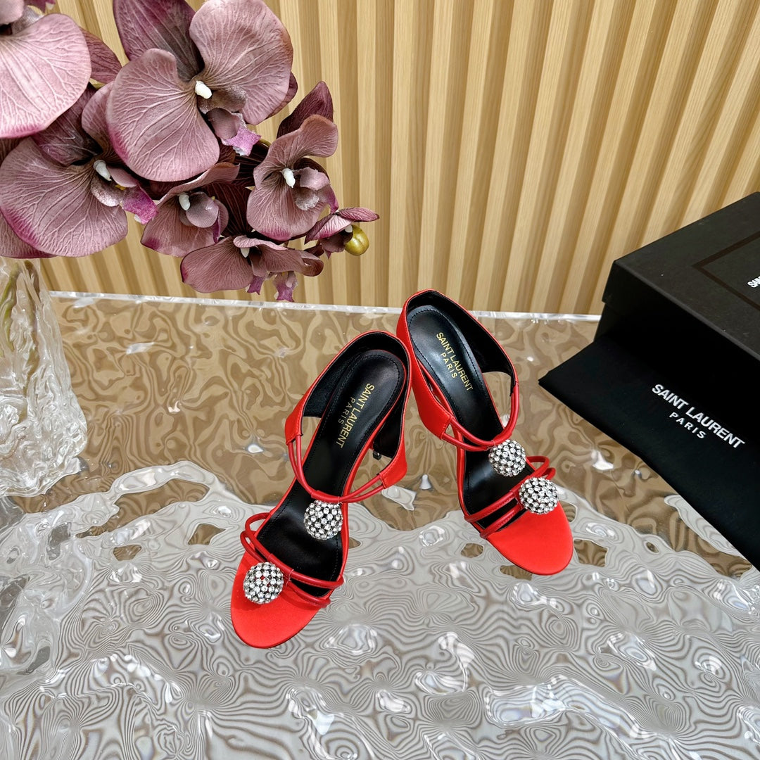 SL POM CIRCLE CRYSTAL HEELED SANDALS RED SATIN