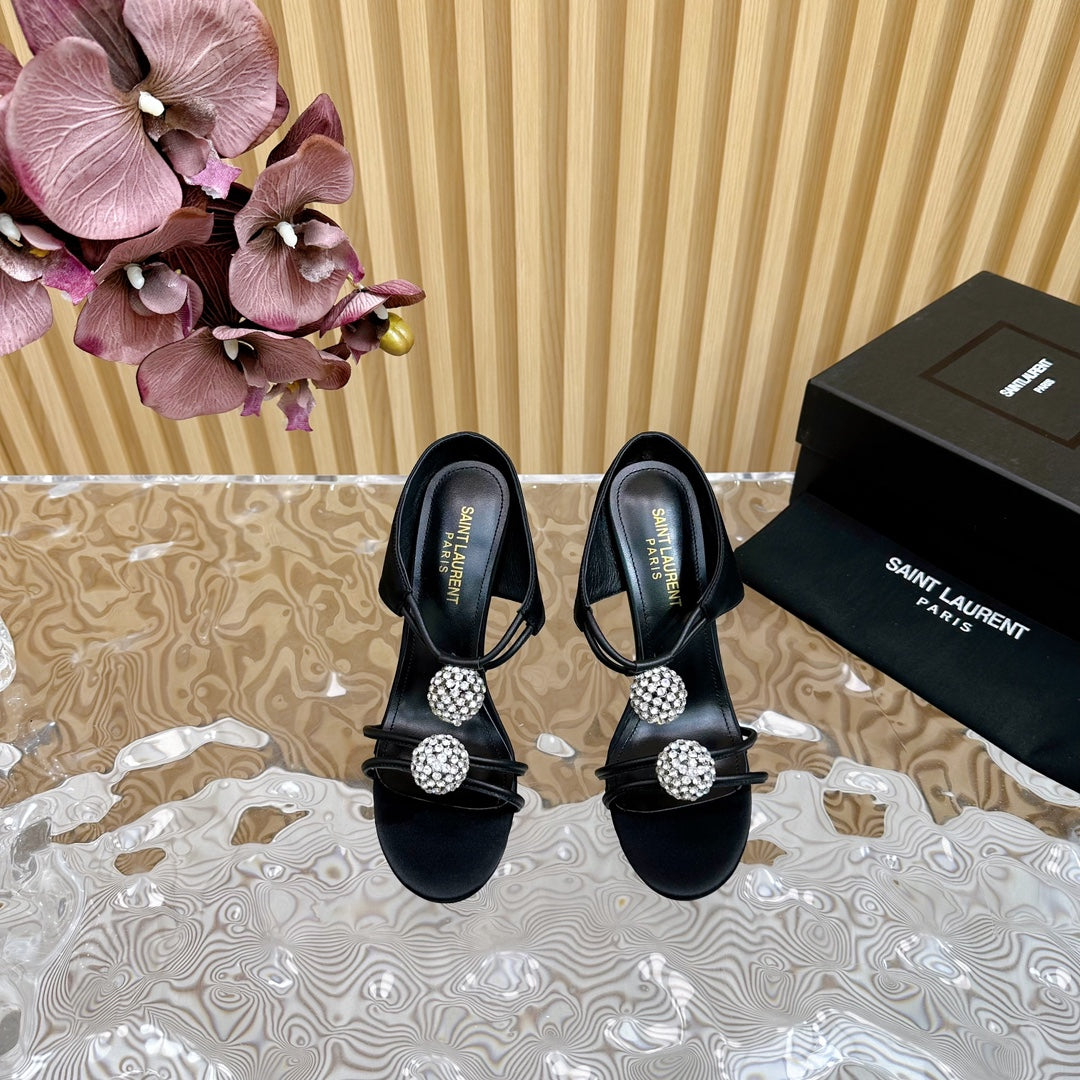 SL POM CIRCLE CRYSTAL HEELED SANDALS BLACK SATIN