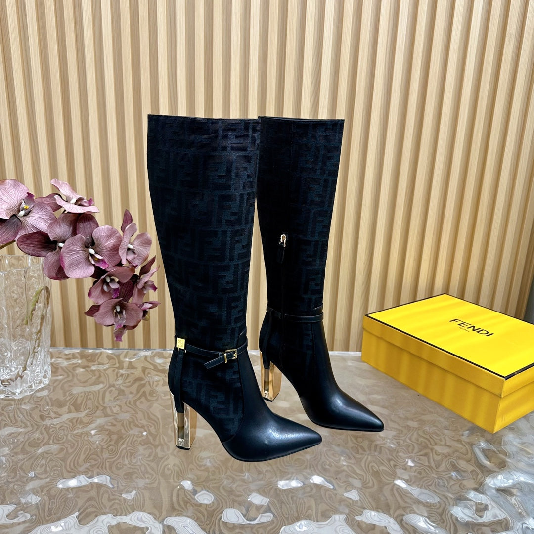 FF BOOTIES HIGH BOOTS IN BLACK CALFSKIN AND MONOGRAM FF FABRIC