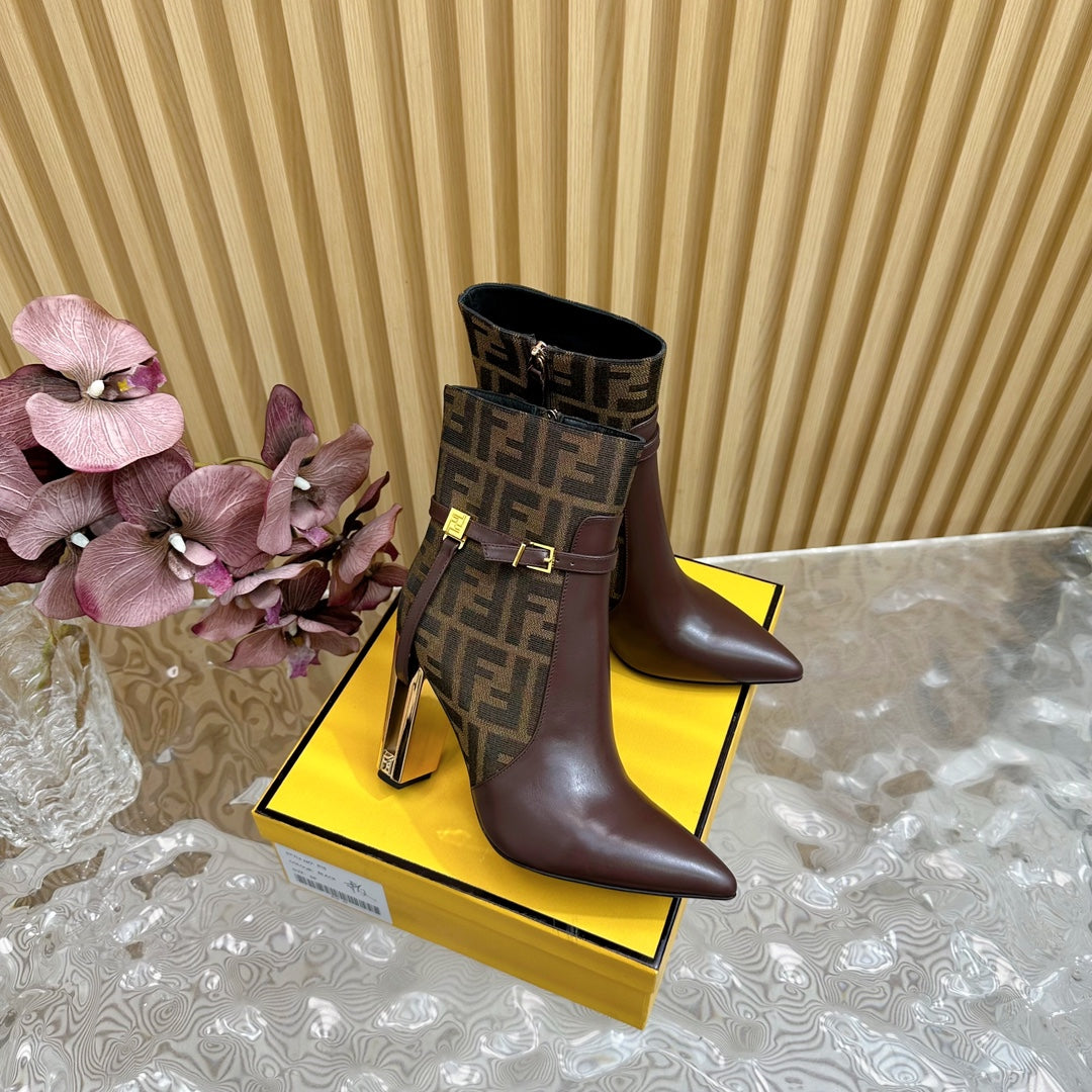 FF BOOTIES BOOTS IN SANGRIA PURPLE CALFSKIN AND MONOGRAM FF FABRIC