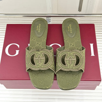 SLIDE SANDALS IN MOSS GREEN FABRIC EMBOSSED LOGO STYLE 2