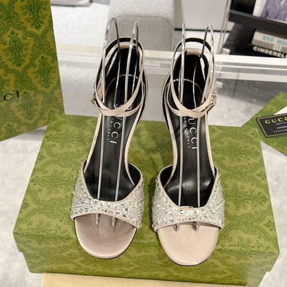 GG CRYSTAL CREAM HIGH HEEL SANDALS SATIN