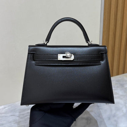 High-end Hermes 2026 Mini Kelly Bag 19cm Black Box Calf Leather