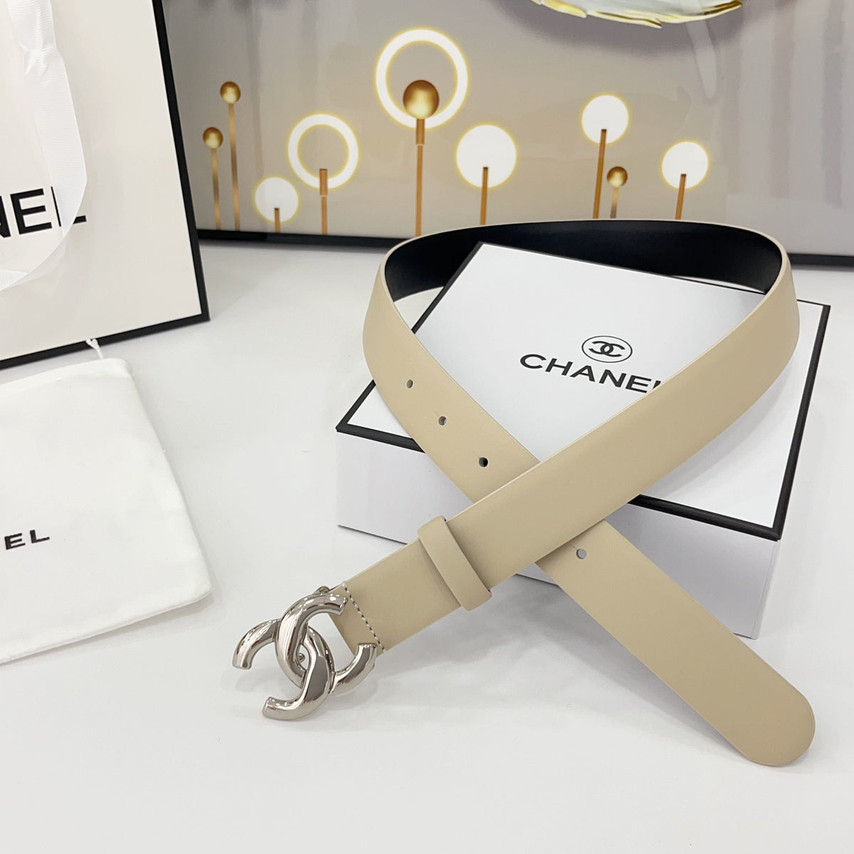 DOUBLE C BELT 30MM IN BEIGE CALFSKIN WITH SHINY SILVER BUCKLE