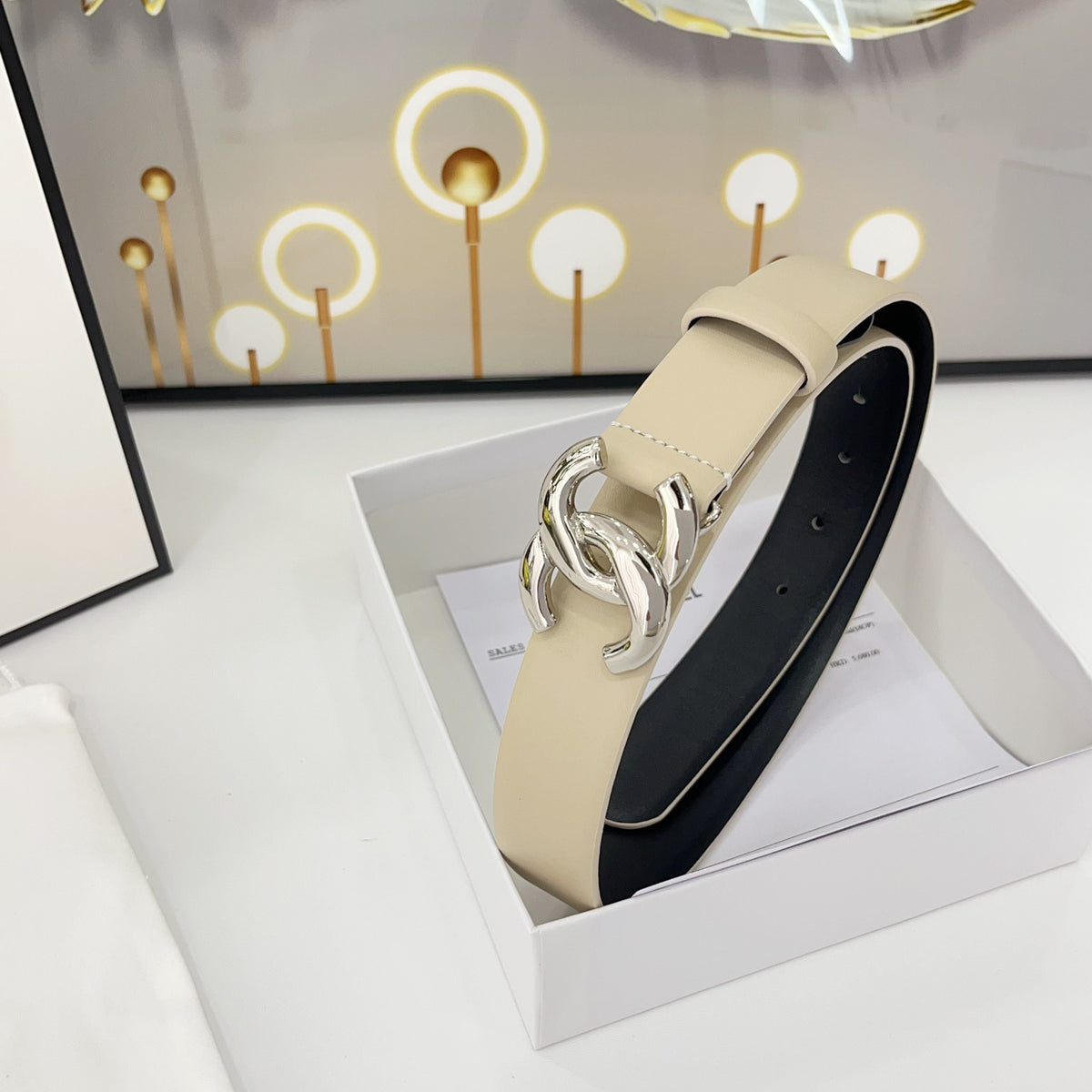 DOUBLE C BELT 30MM IN BEIGE CALFSKIN WITH SHINY SILVER BUCKLE