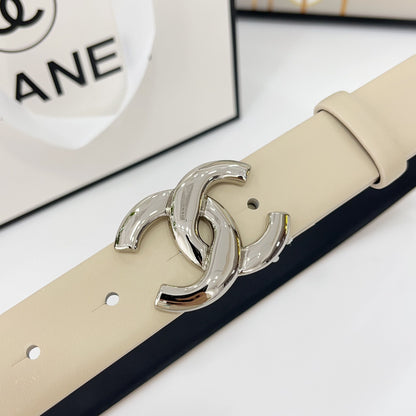 DOUBLE C BELT 30MM IN BEIGE CALFSKIN WITH SHINY SILVER BUCKLE