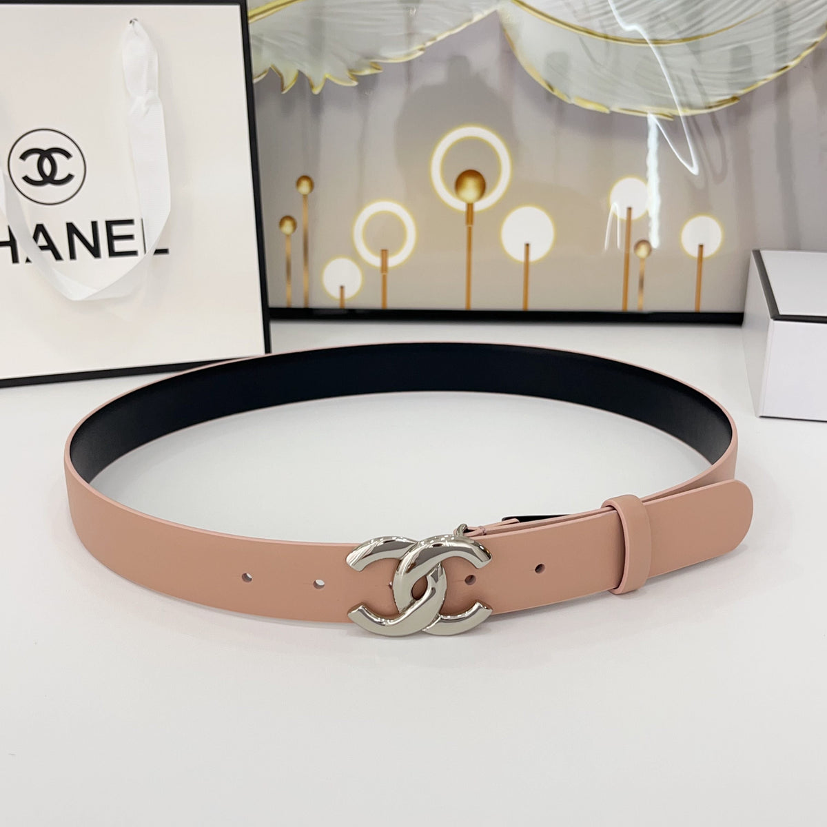 DOUBLE C BELT 30MM IN BABY PINK CALFSKIN WITH SHINY SILVER BUCKLE