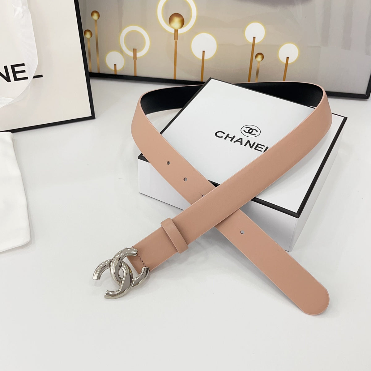 DOUBLE C BELT 30MM IN BABY PINK CALFSKIN WITH SHINY SILVER BUCKLE