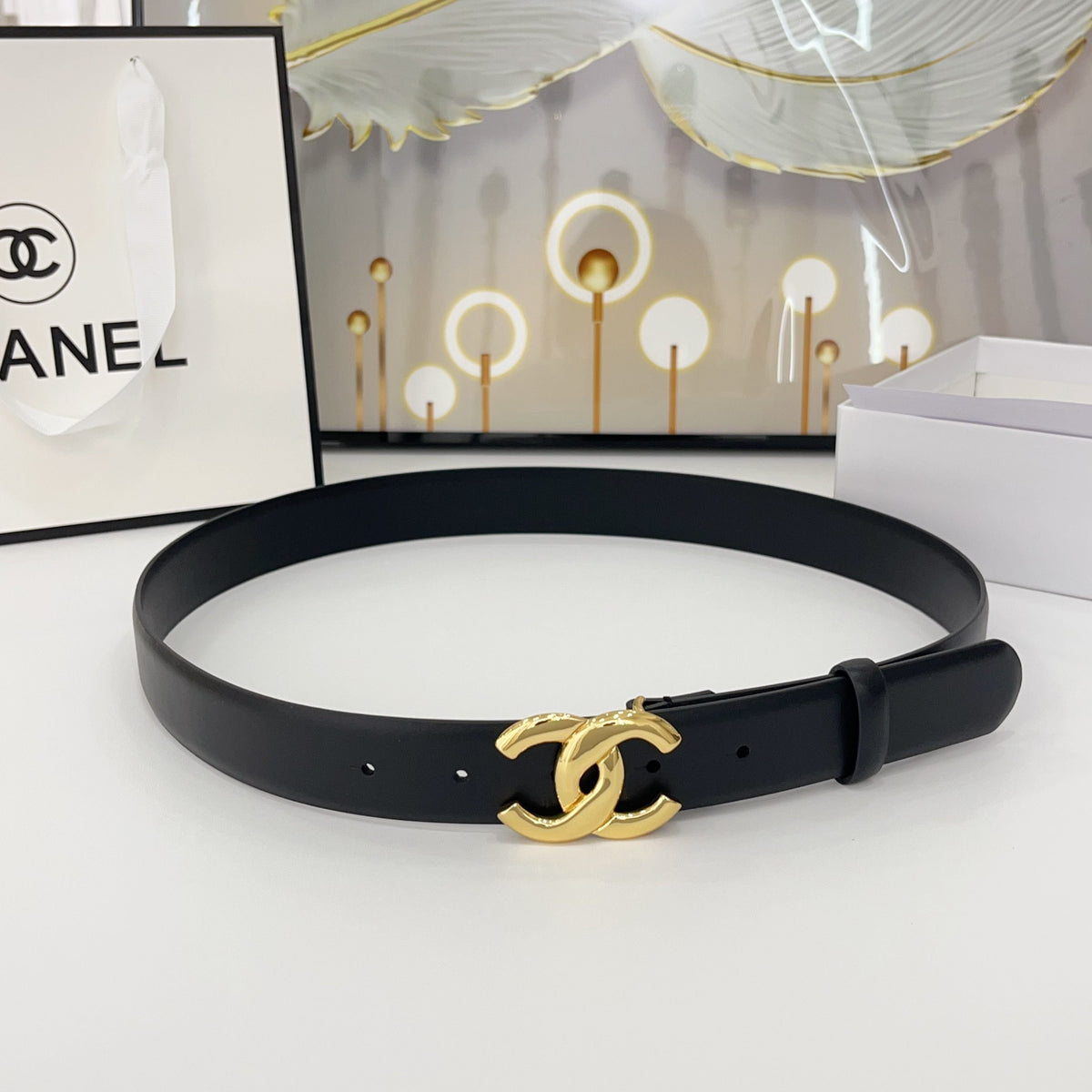 DOUBLE C BELT 30MM IN BLACK CALFSKIN WITH SHINY GOLD BUCKLE