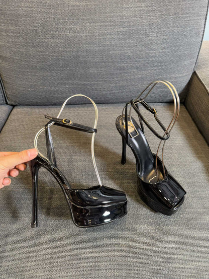 LA SCANDALE PLATFORM SANDALS IN BLACK GLOSSY CALFSKIN