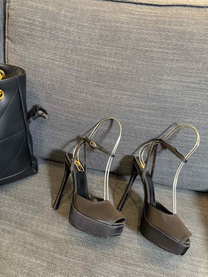 LA SCANDALE PLATFORM SANDALS IN TAUPE BROWN SATIN