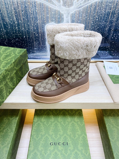 HORSEBIT ANKLE BOOTS WITH MERINO TRIM IN BEIGE JACQUARD FABRIC MIX BROWN CALFSKIN
