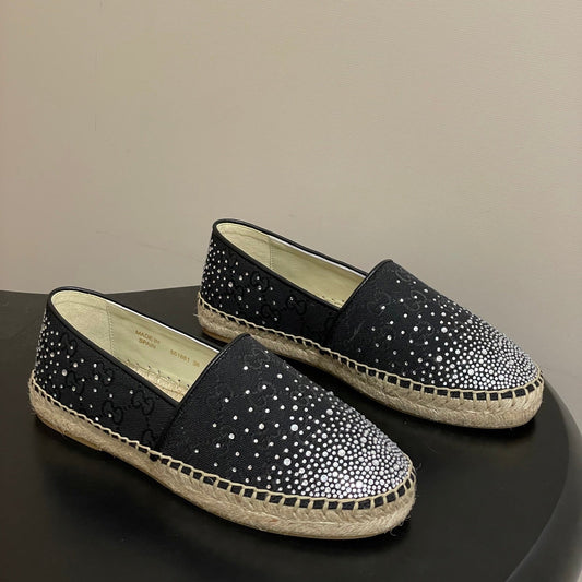 GG 26ss Slip-on Loafers Rhinestones Black Double G Canvas 593499