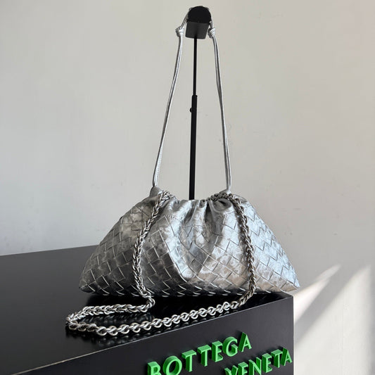 Bottega Veneta 2026 Dustbag 33cm Silver Intrecciato Lamina Satin Leather