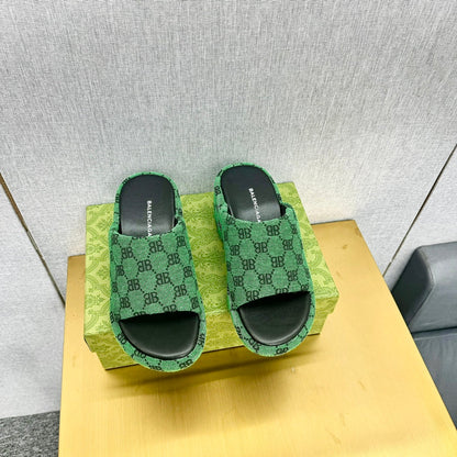WEDGE SANDALS IN GREEN MONOGRAM JACQUARD FABRIC