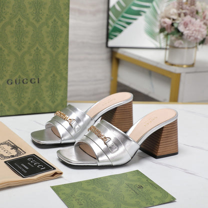 GG High Heels Half Slippers Silver