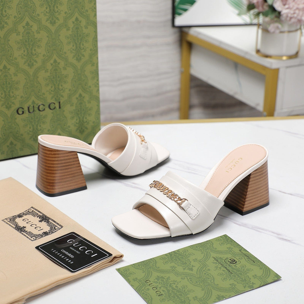 GG High Heels Half Slippers White