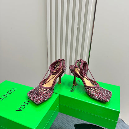 STRETCH HIGH HEELS 9 CM IN SANGRIA RED METALLIZE MESH AND LEATHER WITH CRYSTAL