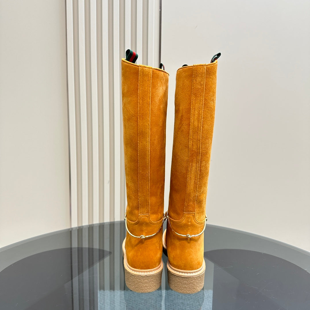 SLIM HORSEBIT KNEE BOOTS WITH WEB IN HONEY ORANGE SUEDE