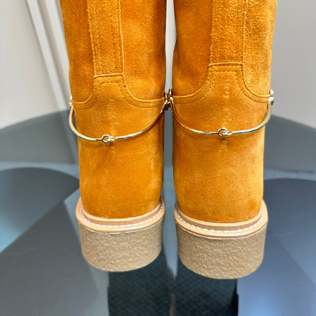 SLIM HORSEBIT KNEE BOOTS WITH WEB IN HONEY ORANGE SUEDE