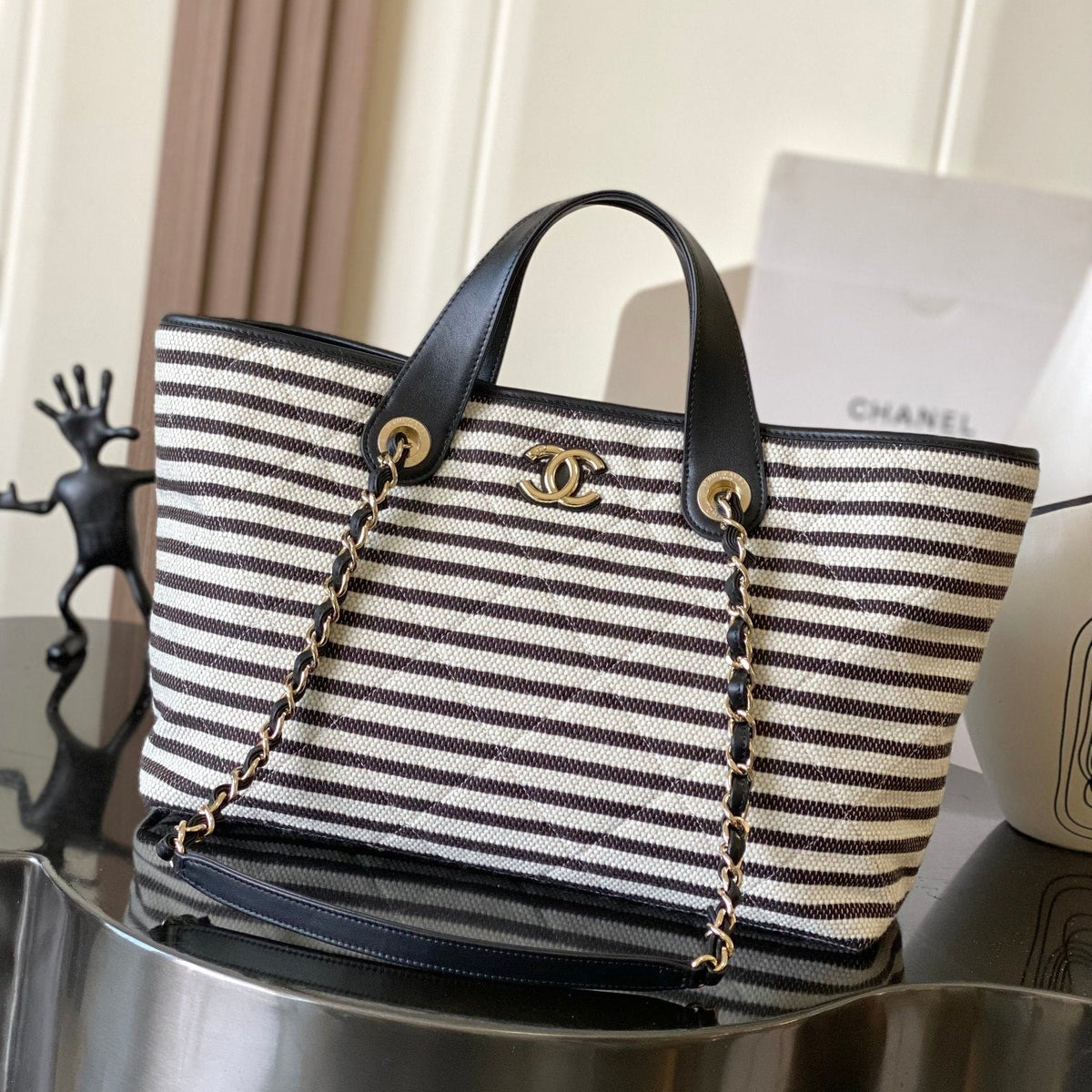 Chanel 2026 Deauville Tote Bag 46cm Black mix White Canvas Leather 331127