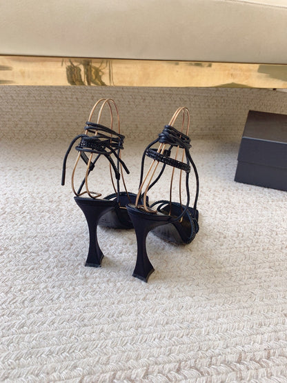 LIZA SANDALS IN BLACK SILK WITH CRYSTALS