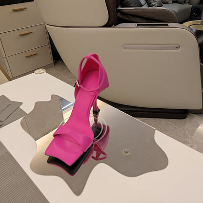 OPEN-TOE CURVED HIGH HEEL SANDALS IN DEEP PINK SMOOTH CALFSKIN
