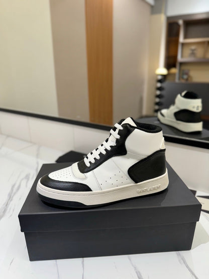 MID-TOP SNEAKERS IN WHITE MIX BLACK PERFORATED LAMBSKIN