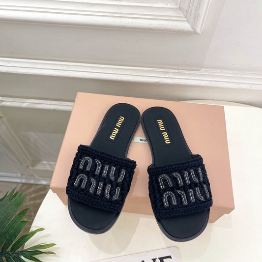 MIU Flat Slippers Black Knitted Fabric Sheepskin 631914